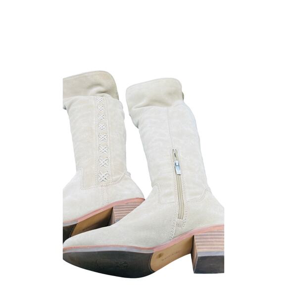 🤍 Vince Camuto Over The Knee Boots Beige Suede Size 7.5M Lace Detail Tall Chic - Picture 6 of 9